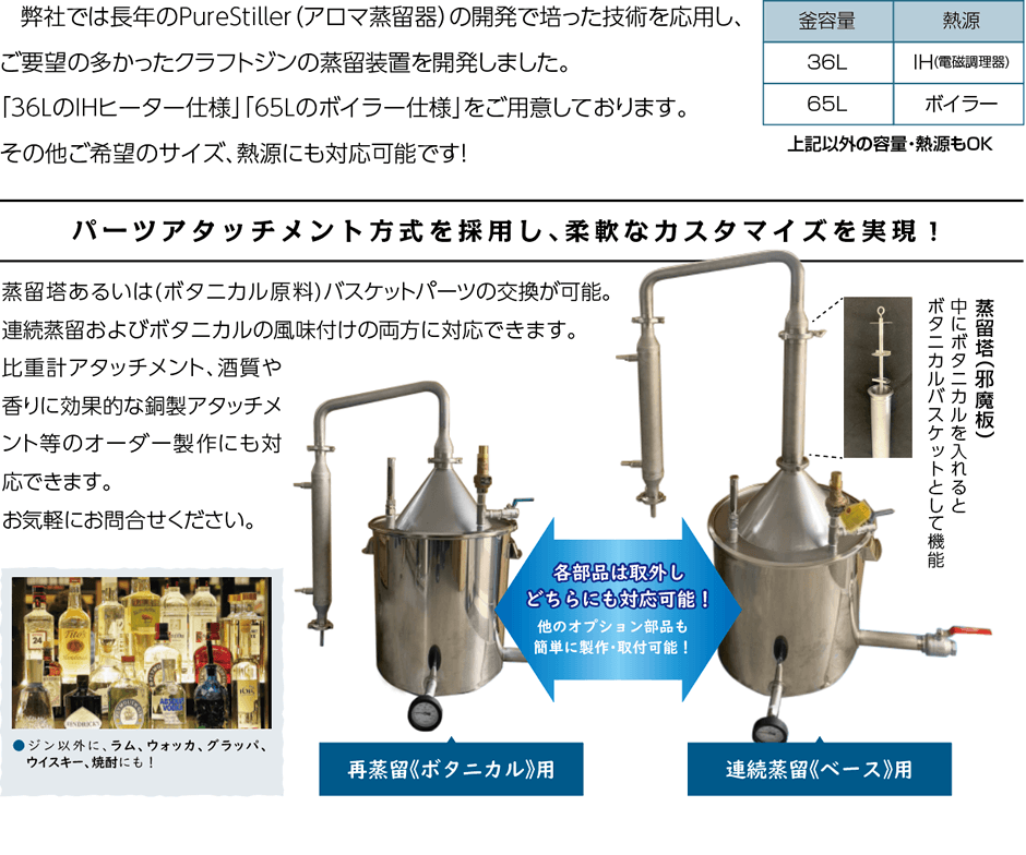 弊社では長年のPureStiller（アロマ蒸留器）の開発で培った技術を応用し、ご要望の多かったクラフトジンの蒸留装置を開発しました。「36LのIHヒーター仕様」「65Lのボイラー仕様」をご用意しております。その他ご希望のサイズ、熱源にも対応可能です！