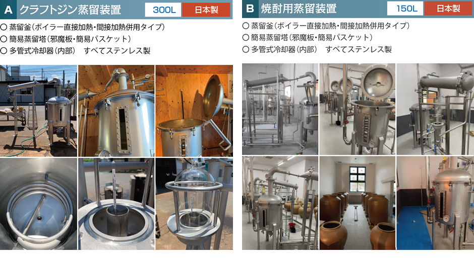 クラフトジン蒸留装置/〇 蒸留釜（ボイラー直接加熱・間接加熱併用タイプ）〇 簡易蒸留塔（邪魔板・簡易パスケット）〇 多管式冷却器（内部）　すべてステンレス製／焼酎蒸留装置